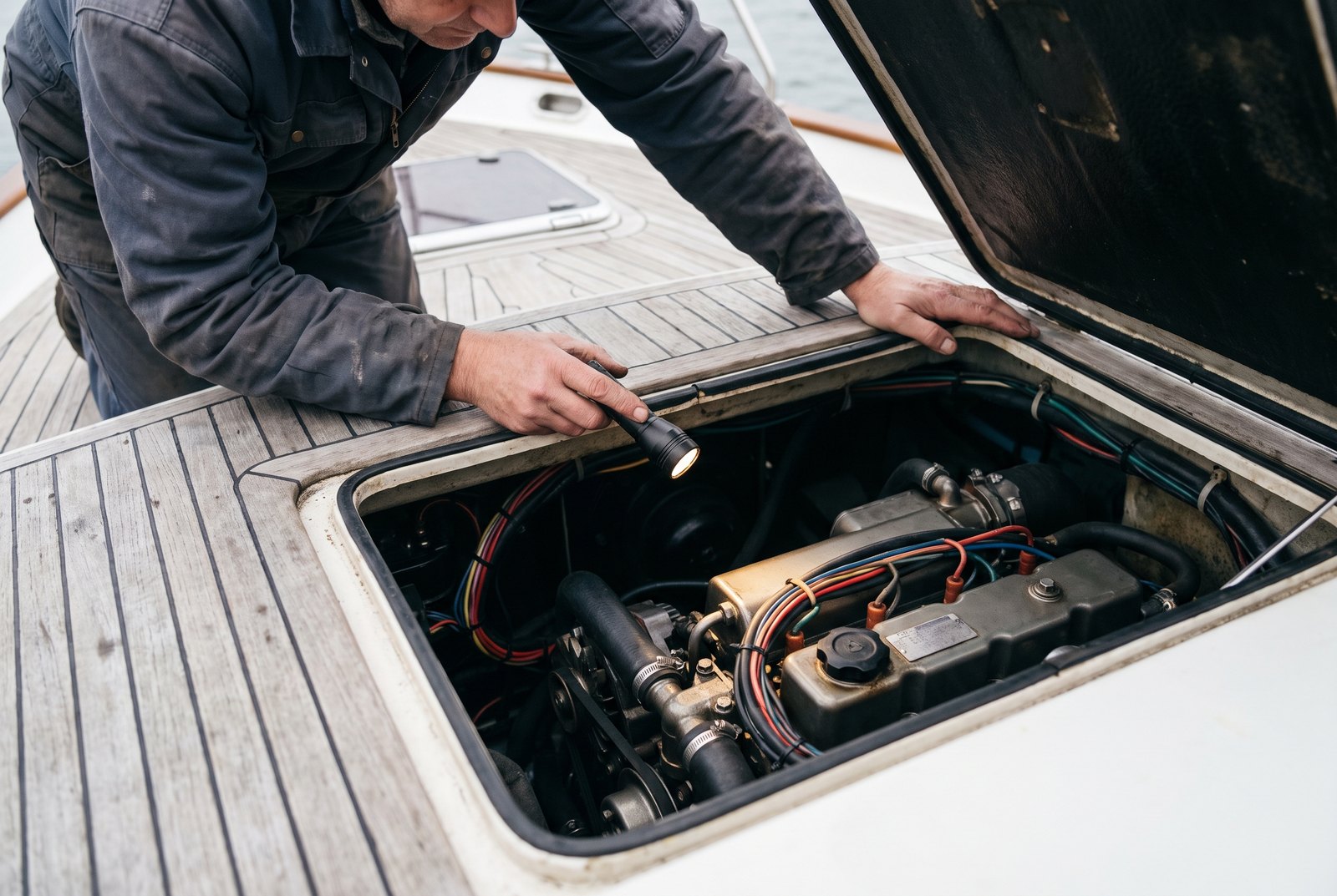 Looking down into an open engine hatch with a torch